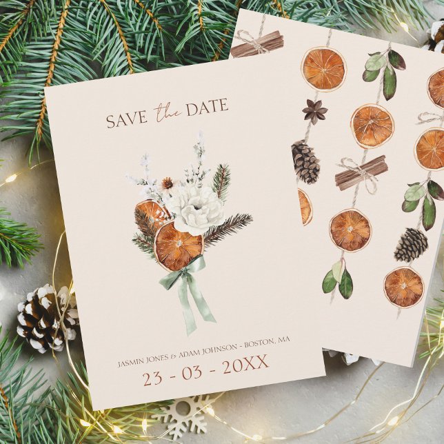 Reserve A Data Casamento Rustic Orange Slices White Flowers (Winter Orange Slices Dried Citrus Cinnamon Wedding Save the Date Card)