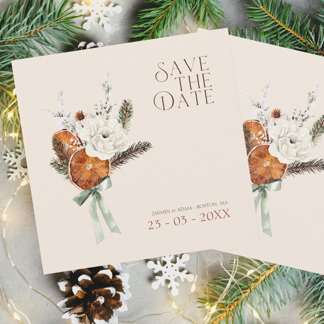 Reserve A Data Casamento Rustic Orange Slices White Flowers (Winter Orange Slices Dried Citrus Cinnamon Wedding Save the Date Card)