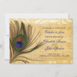 Reserve A Data Casamento Rustic Peacock Feather salvar a data
