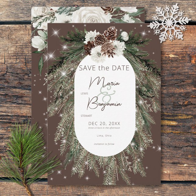 Reserve A Data Casamento Rustic Pine Winter Sparkle (Rustic Cocoa Pine Winter Sparkle Wedding Save The Date)