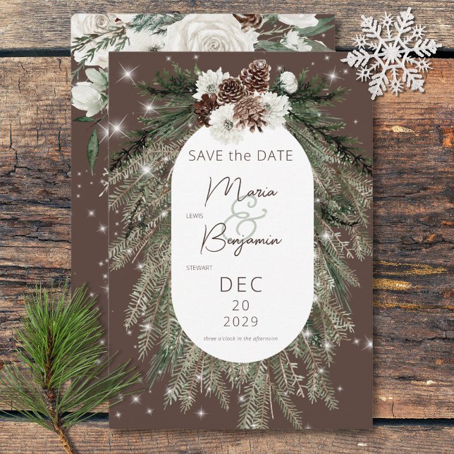 Reserve A Data Casamento Rustic Pine Winter Sparkle (Rustic Cocoa Pine Winter Sparkle Wedding Save The Date)