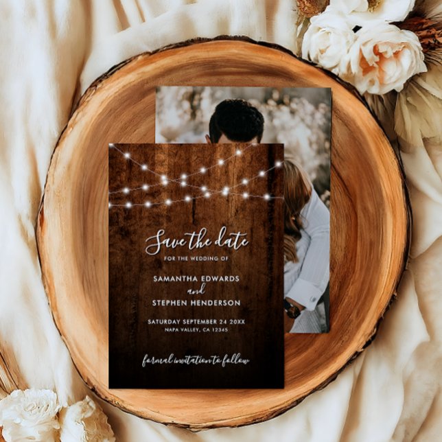 Reserve A Data Casamento Rustic String Lights & Wood Photo (Criador carregado)