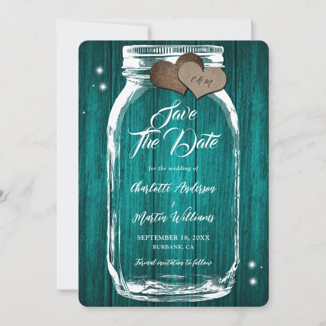 Reserve A Data Casamento Rustic Teal Mason Jar Wood (Frente)