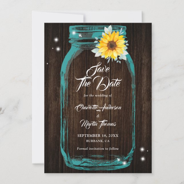 Reserve A Data Casamento Rustic Teal Mason Jar Wood Sunflower (Frente)