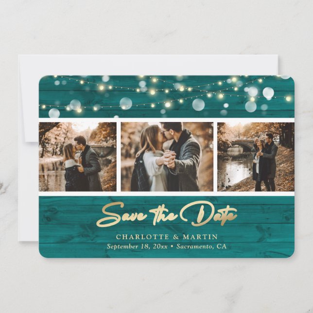 Reserve A Data Casamento Rustic Teal Wood 3 Foto Salvar Data (Frente)