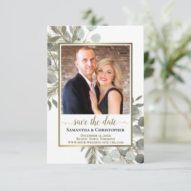 Reserve A Data Casamento Rustic Watercolor Eucalyptus & Pine Phot (Em pé/Frente)