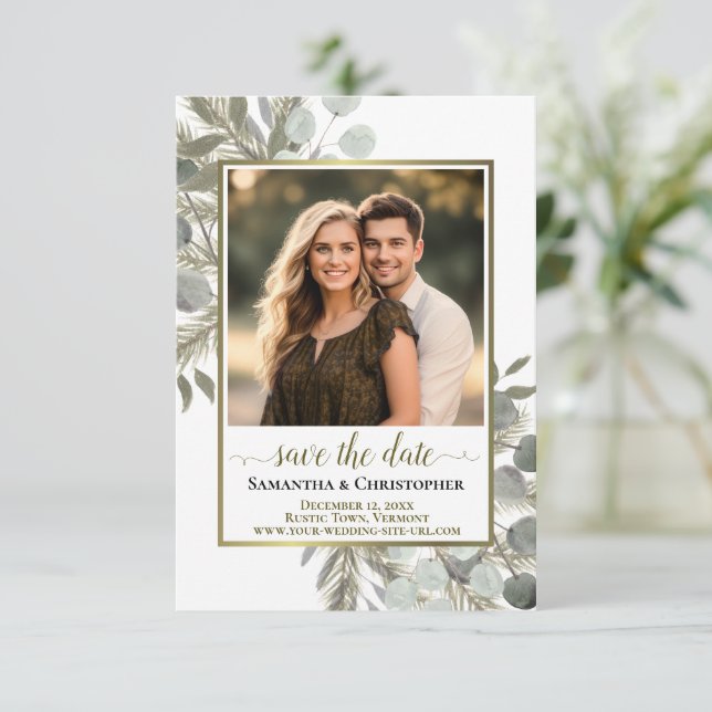 Reserve A Data Casamento Rustic Watercolor Eucalyptus & Pine Phot (Em pé/Frente)