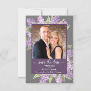 Reserve A Data Casamento Rustic Watercolor Lilacs & Photo Cinza
