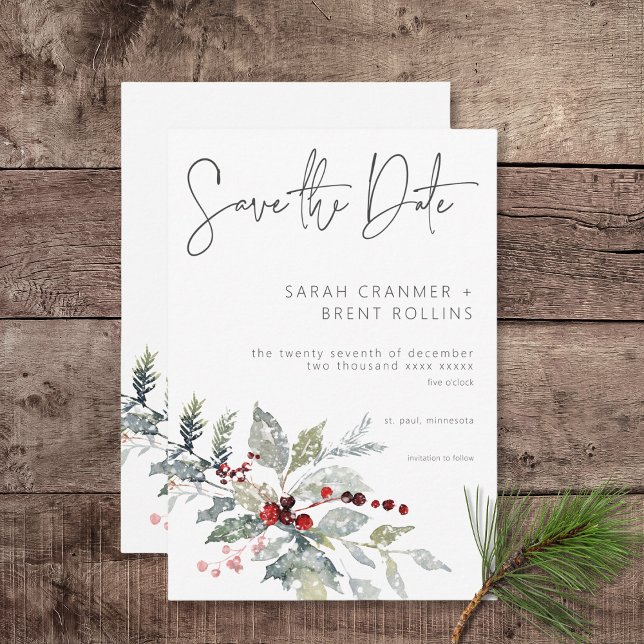Reserve A Data Casamento Rustic Winter Holly Berries & Snow (Rustic Winter Holly Berries & Snow Save the Date Card)