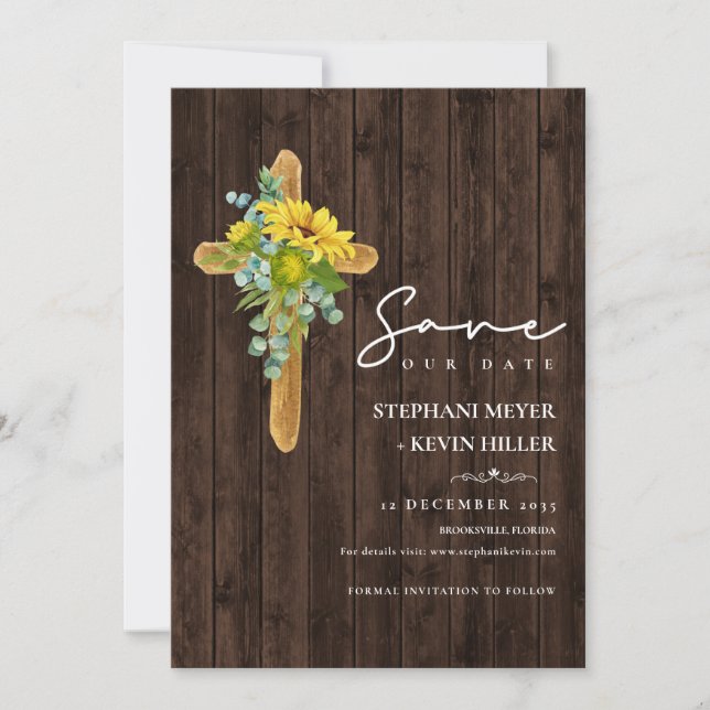 Reserve A Data Casamento Rustic Wood Boho Sunflower Cross (Frente)