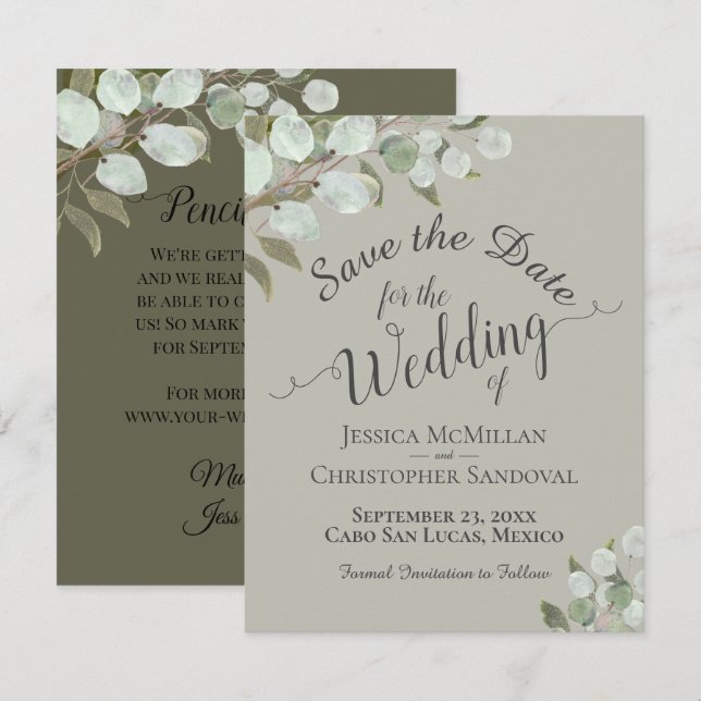 Reserve A Data Casamento Rústico Aquarela Folhas de Eucalipto Sag (Frente/Verso)