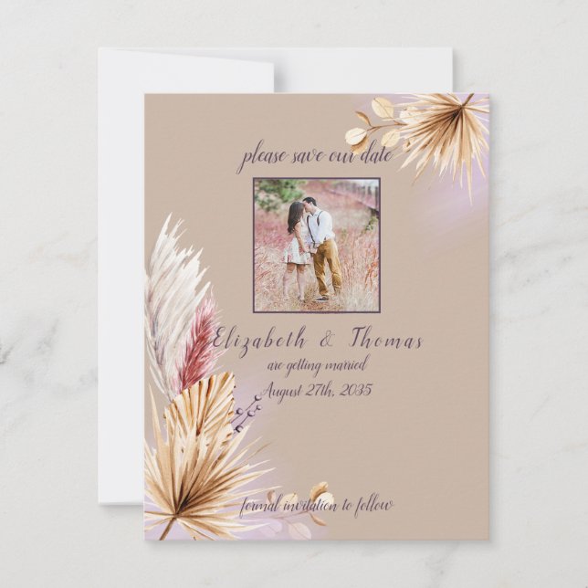 Reserve A Data Casamento Rústico Boho de Verão com Grama de Pampa (Frente)