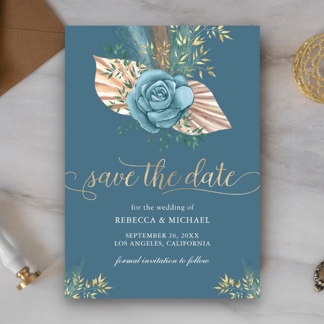 Reserve A Data Casamento Rústico Boho Palma Floral Azul Poeirento (Criador carregado)