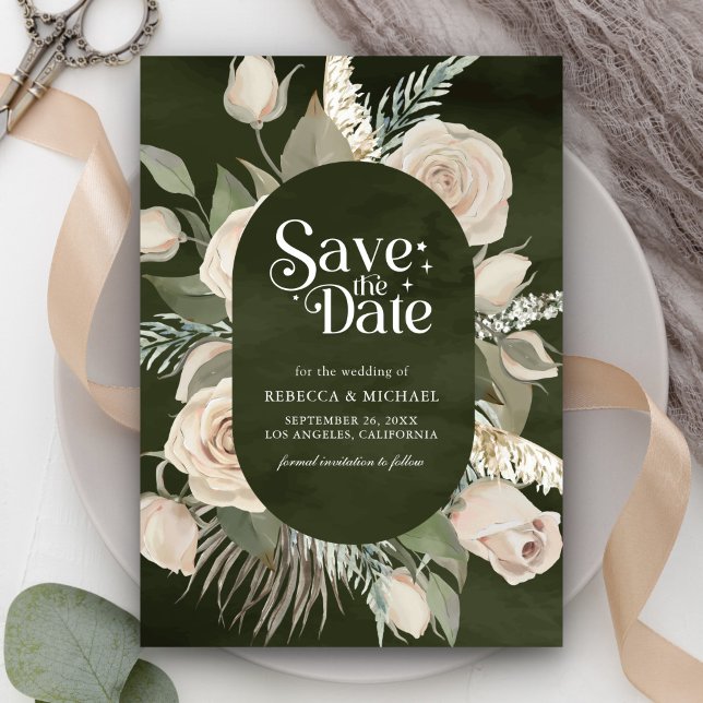 Reserve A Data Casamento Rústico Boho Rosas de Marfim e Sage Escu (Criador carregado)