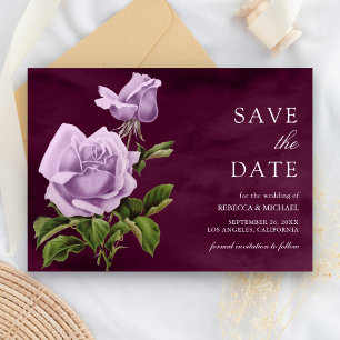 Reserve A Data Casamento Rústico com Rosa Floral de Plum Roxo
