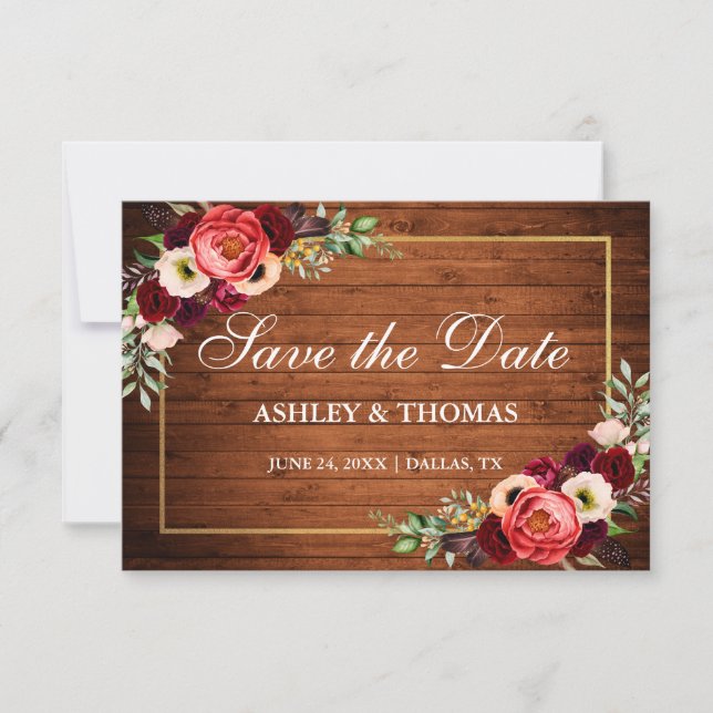 Reserve A Data Casamento Rústico de Madeira Burgundy Floral Boho  (Frente)