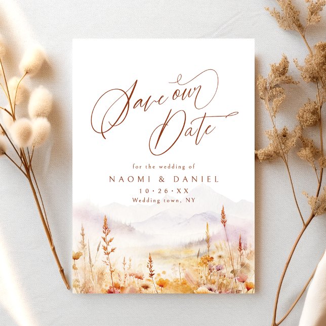 Reserve A Data Casamento Rústico de Montanha com Flor Silvestre e (Fall Watercolor Wildflower Mountain Rustic Wedding Save The Date)