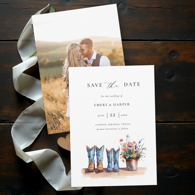 Reserve A Data Casamento Rústico Denim Flores Silvestres Foto (rustic photo wedding save the date cowboy boots wildflowers barn country outdoor backyard modern)