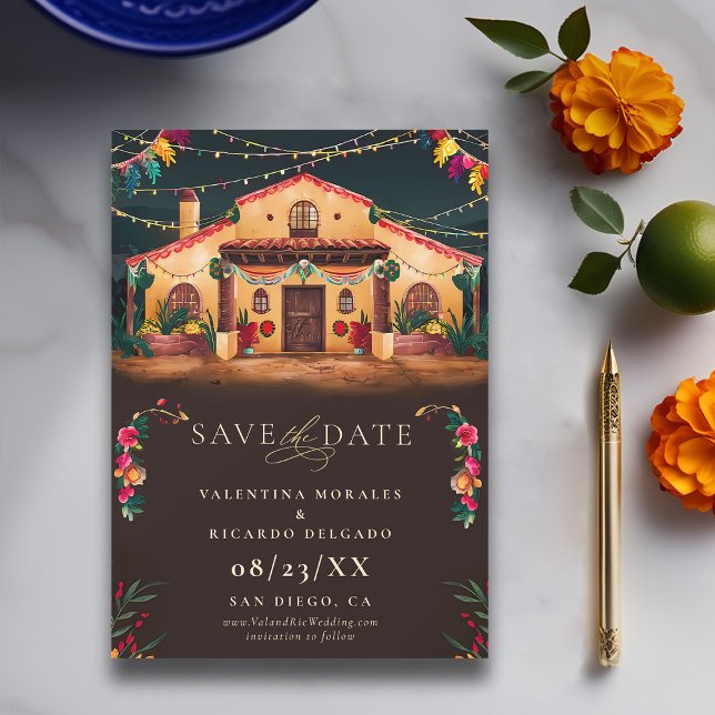 Reserve A Data Casamento Rustico Elegante Fiesta Mexicano Haciend (rancho mexican wedding save the date fiesta hacienda watercolor floral frame elegant modern)