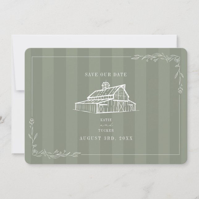 Reserve A Data Casamento Rústico em Celeiro com Faixa Verde Sage (Frente)