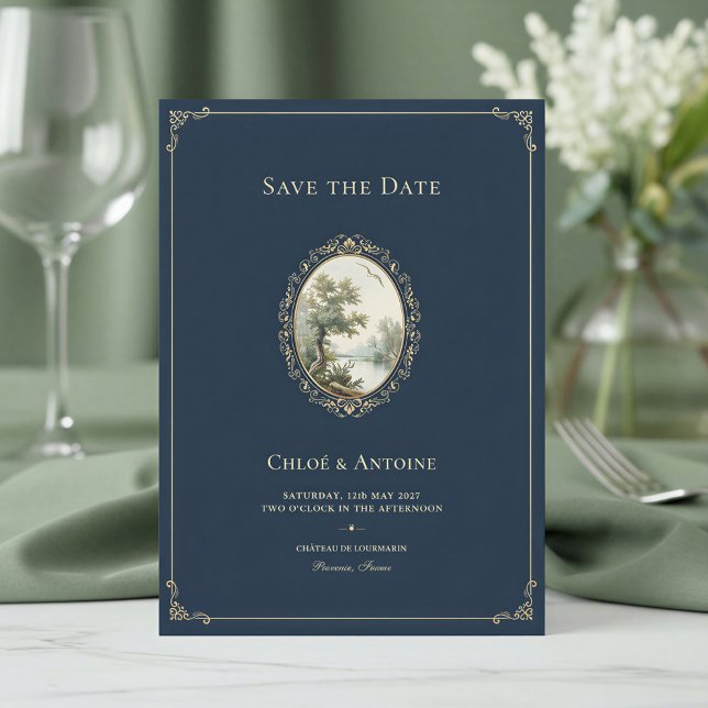 Reserve A Data Casamento Rústico Francês em Azul Marinho e Dourad (Criador carregado)