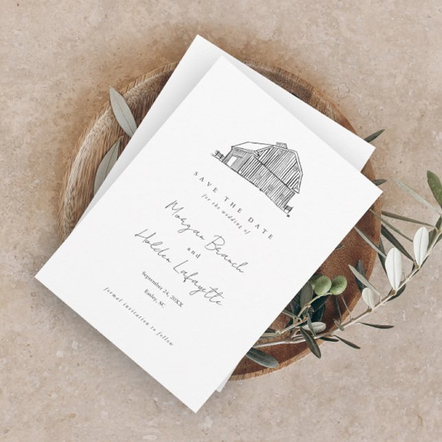 Reserve A Data Casamento Rústico Preto e Branco em Celeiro Elegan (Rustic hand-drawn black and white barn elegant wedding save the date.)