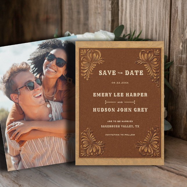 Reserve A Data Casamento Rústico Western de Couro Trabalhado no P (country rustic cowboy wedding save the date faux tooled leather terracotta cream western)