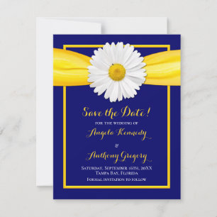 Reserve A Data Casamento Shasta Daisy Yellow Ribbon Azul Marinho