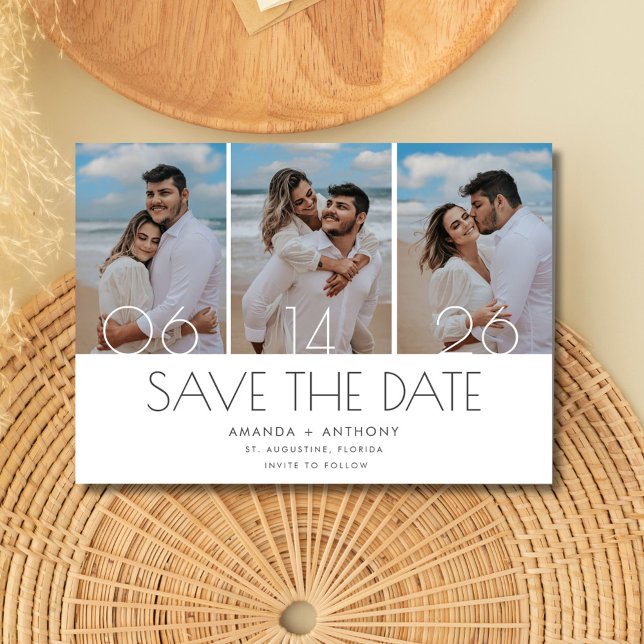Reserve A Data Casamento Simples com Três Praias Fotográficas (Simple Three Photo Beach Wedding Save The Date)