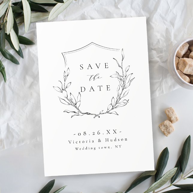 Reserve A Data Casamento simples da crista botânica monograma (Simple elegance botanical crest monogram wedding Save The Date)