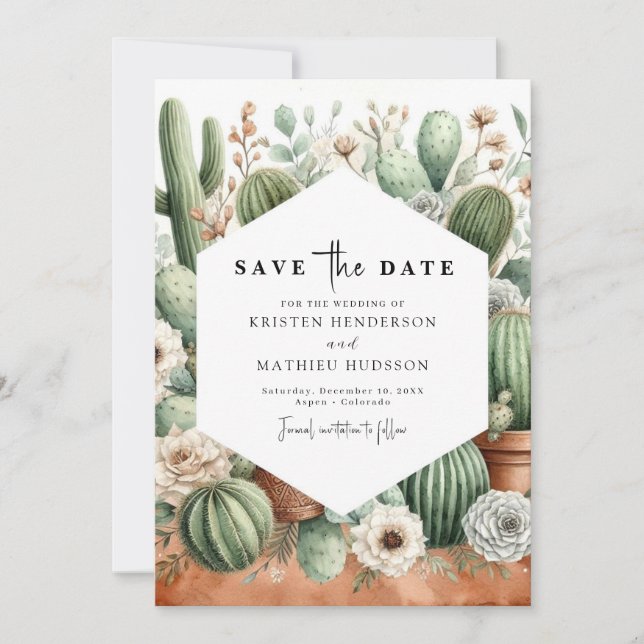 Reserve A Data Casamento Simples De Cactus Chic (Frente)