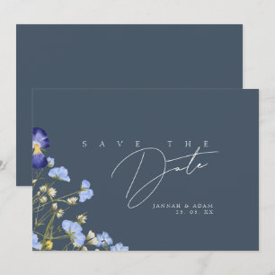 Reserve A Data Casamento Simples de Flores Silvestres Azul Ardósi