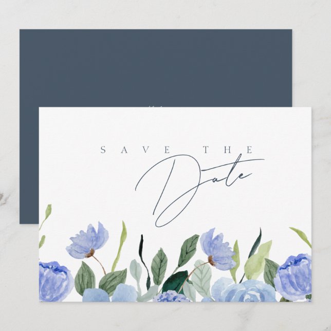 Reserve A Data Casamento Simples de Flores Silvestres Azul-ardósi (Frente/Verso)