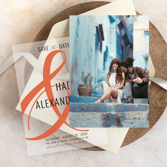 Reserve A Data Casamento Simples de Foto em LARANJA Moderna (Simple photo underlay for modern burnt orange Italian sunset ampersand vellum wedding save the date)