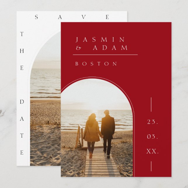 Reserve A Data Casamento Simples De Fotografias De Branco Vermelh (Frente/Verso)