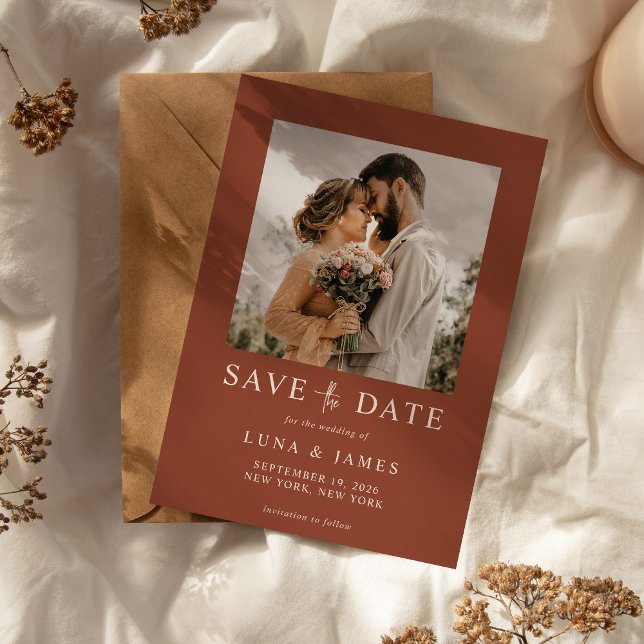 Reserve A Data Casamento Simples de Fotos do Modern Terracotta (Modern Simple Photo Wedding Save The Date Invitation Terracotta)