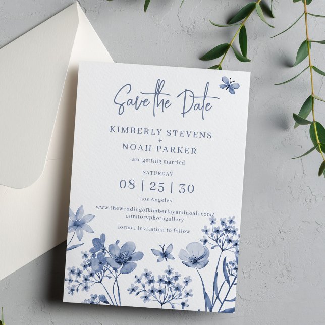 Reserve A Data Casamento simples e floral azul-Dusty (Criador carregado)