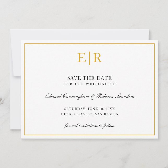 Reserve A Data Casamento Simples Elegante Monograma Dourado Forma (Frente)