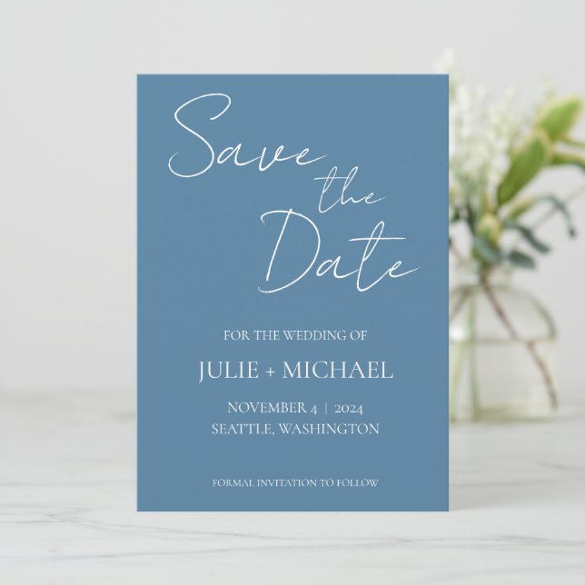 Reserve A Data Casamento Simples Estilo Monocromático Azul Francê (Em pé/Frente)