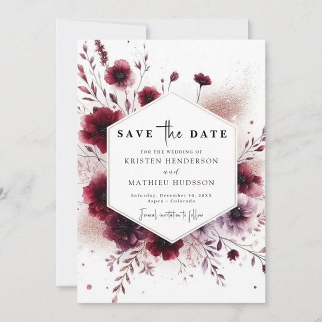 Reserve A Data Casamento Simples Floral Burgundy (Frente)