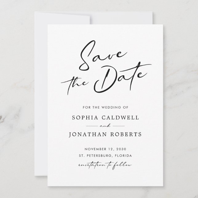 Reserve A Data Casamento Simples Negro e Branco da Caligrafia Mod (Frente)