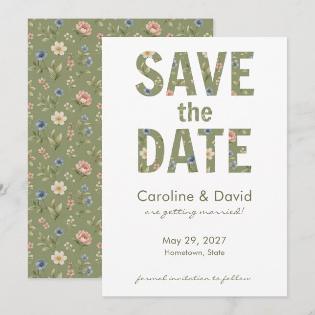Reserve A Data Casamento Simples Verde Sage Floral Moderno (Frente/Verso)