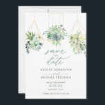 Reserve A Data Casamento Suculentas Aquarela Folhagens Azul Pó<br><div class="desc">Cartões de Save the Date de Suculentas em Aquarela: Esses cartões exclusivos de save the date apresentam suculentas e buquês de folhagens com tons de menta, verde e azul desbotado, mantidos dentro de terrários de folha dourada falsa. O verso tem um buquê de suculentas e espaço para uma mensagem personalizada...</div>