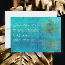 Reserve A Data Casamento Teal Gold Tropical Palm Salve Nossa Data