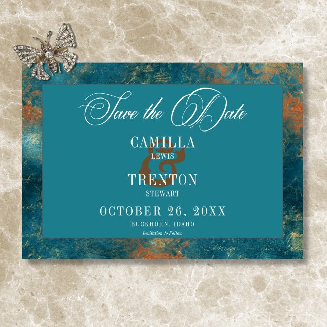 Reserve A Data Casamento tema damasco Dourado de Teal Antiquado G (Gothic Antique Teal Gold Damask Wedding Save The Date)