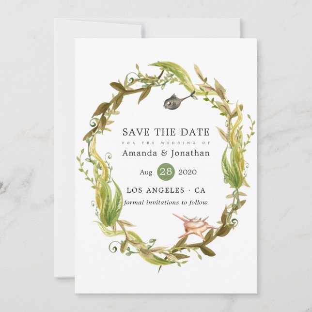 Reserve A Data Casamento Temático de Algas Marinhas em Aquarela (Frente)