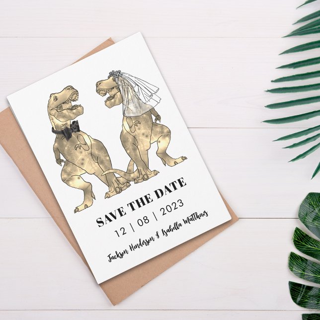Reserve A Data Casamento Temático de Dinossauro Verde (T-Rex bride and groom funny dinosaur wedding save the date invitation)