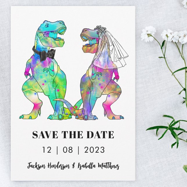 Reserve A Data Casamento Temático de Dinossauros (Dinosaur bride and groom wedding save the date invitation funny colorful T-Rex )