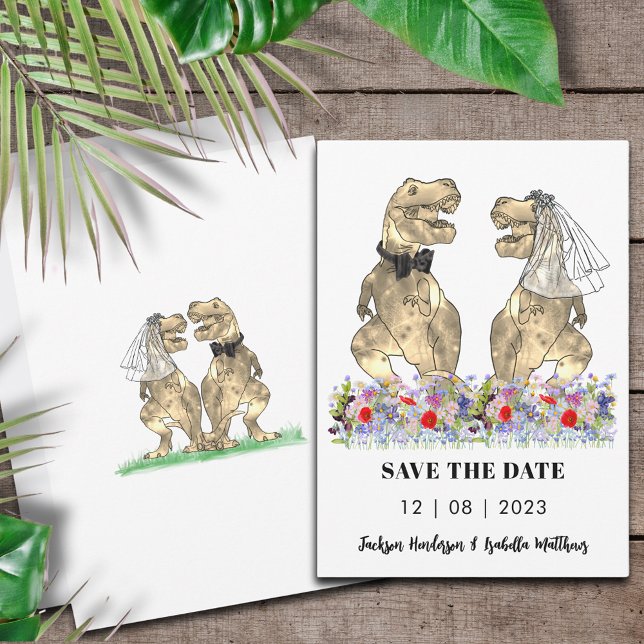 Reserve A Data Casamento Temático de Dinossauros (Dinosaur themed wedding save the date invitation with T-Rex bride and groom & colorful wildflowers )
