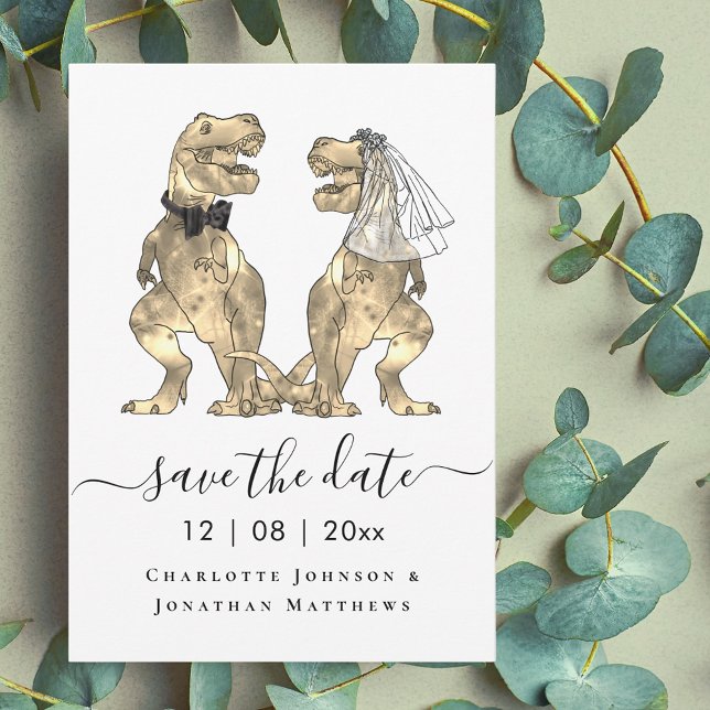 Reserve A Data Casamento Temático de Dinossauros (Funny dinosaur wedding save the date T-Rex bride and groom dino elegant script)